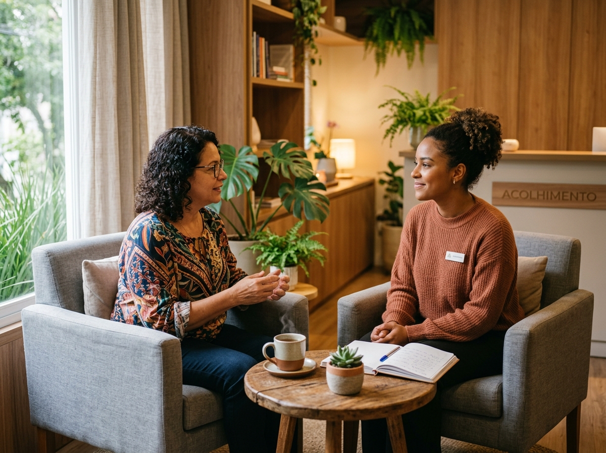 Conversa acolhedora e atenta em ambiente tranquilo de saúde e bem-estar